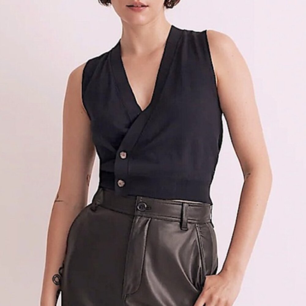 Madewell Black Knit Asymmetric  Sweater Vest V-neck Lightweight Minimalist XS